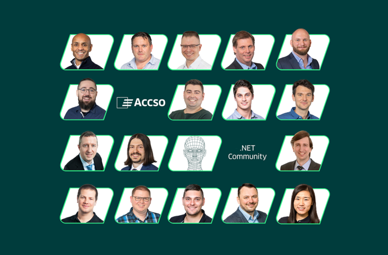 Darstellung der Community-Mitglieder der .NET-Community von Accso auf dunkelgrünem Hintergrund.