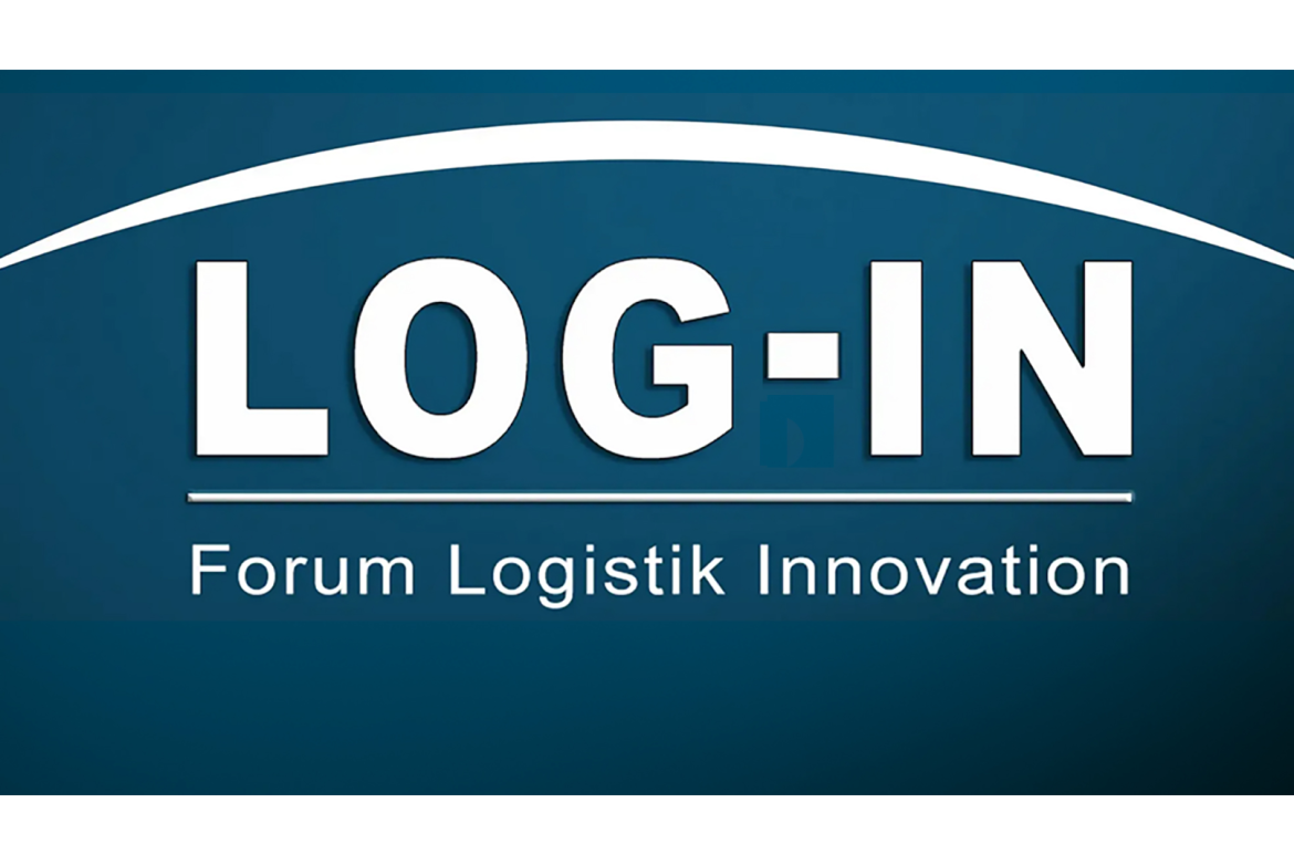 Blaues Logo mit großem weißen LOG-IN Schriftzug, oberhalb ein geschwungener weißer Bogen, darunter eine horizontale Linie und der Text Forum Logistik Innovation.