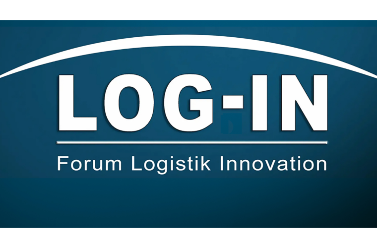 Blaues Logo mit großem weißen LOG-IN Schriftzug, oberhalb ein geschwungener weißer Bogen, darunter eine horizontale Linie und der Text Forum Logistik Innovation.