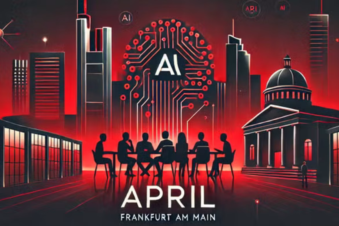 Eine Gruppe von Menschen sitzt an einem Tisch. Im Hintergrund ist die Skyline von Frankfurt angedeutet.