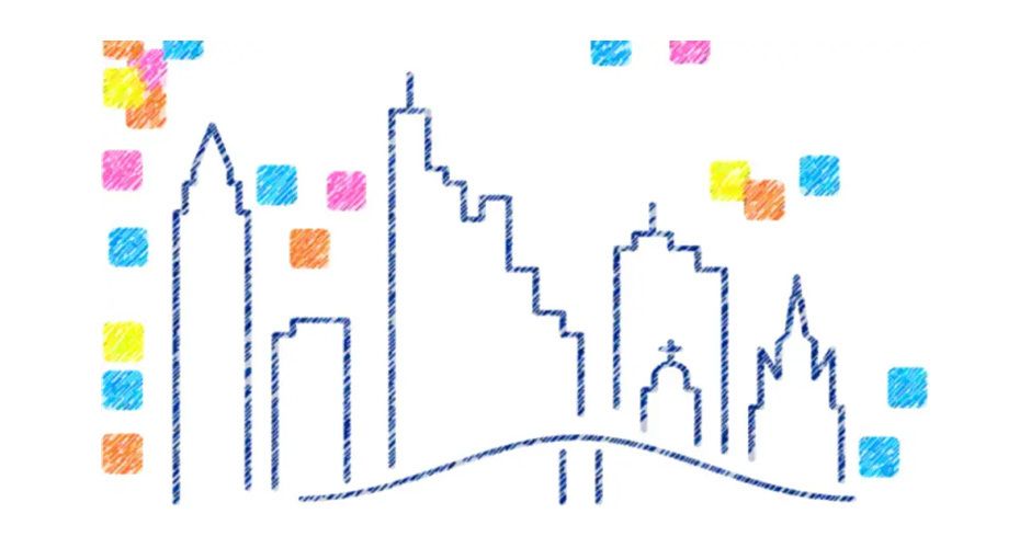 Eine stilisierte Skyline aus blauen, skizzenhaften Linien zeigt verschiedene Gebäudeformen. Um die Skyline herum sind bunte, quadratische Formen in Orange, Gelb, Blau, Rosa und Lila verteilt.