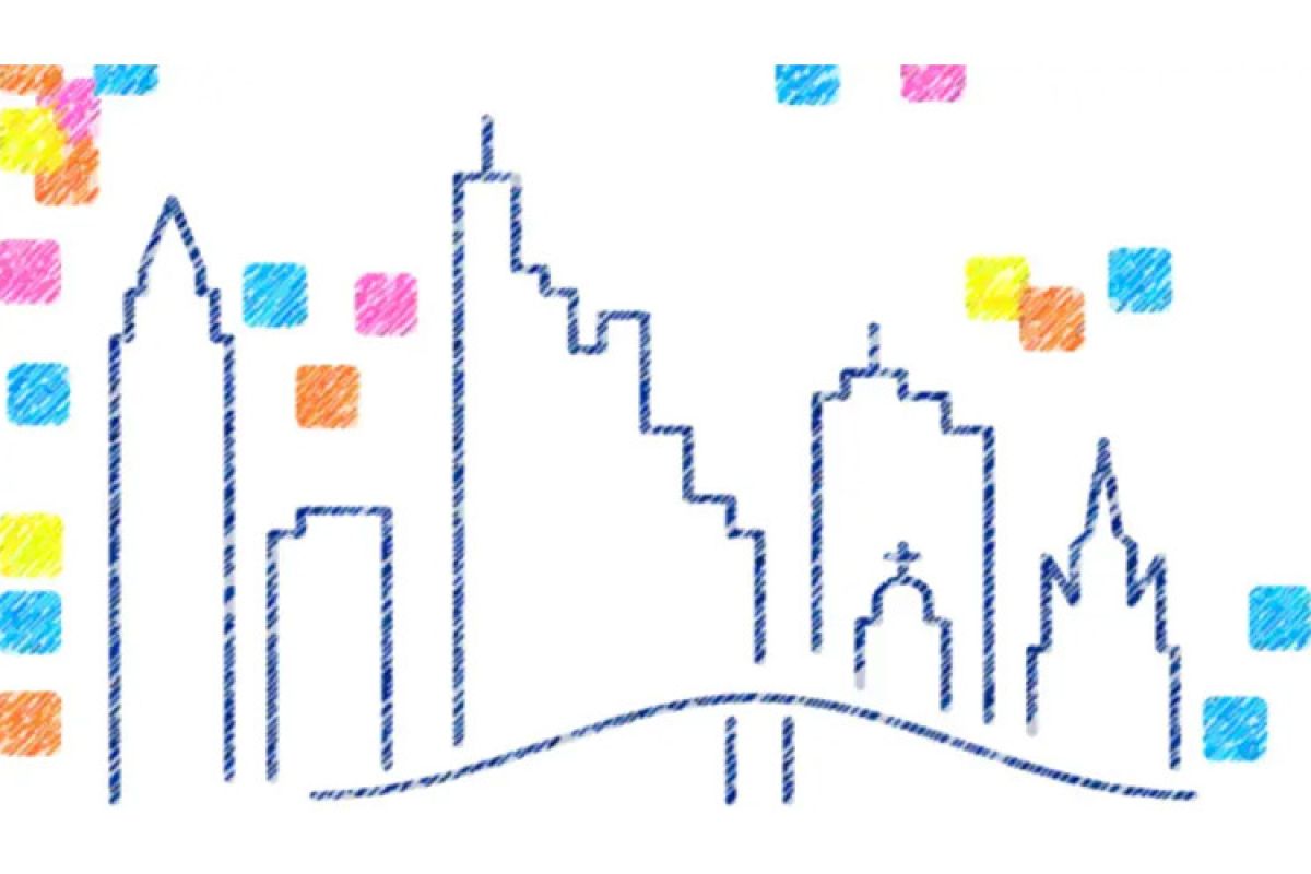 Eine stilisierte Skyline aus blauen, skizzenhaften Linien zeigt verschiedene Gebäudeformen. Um die Skyline herum sind bunte, quadratische Formen in Orange, Gelb, Blau, Rosa und Lila verteilt.