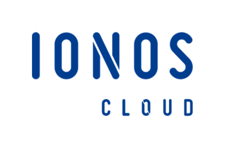 IONOS-Logo in blauer Schrift, das den Anbieter von Cloud-Diensten und Webhosting-Lösungen repräsentiert.