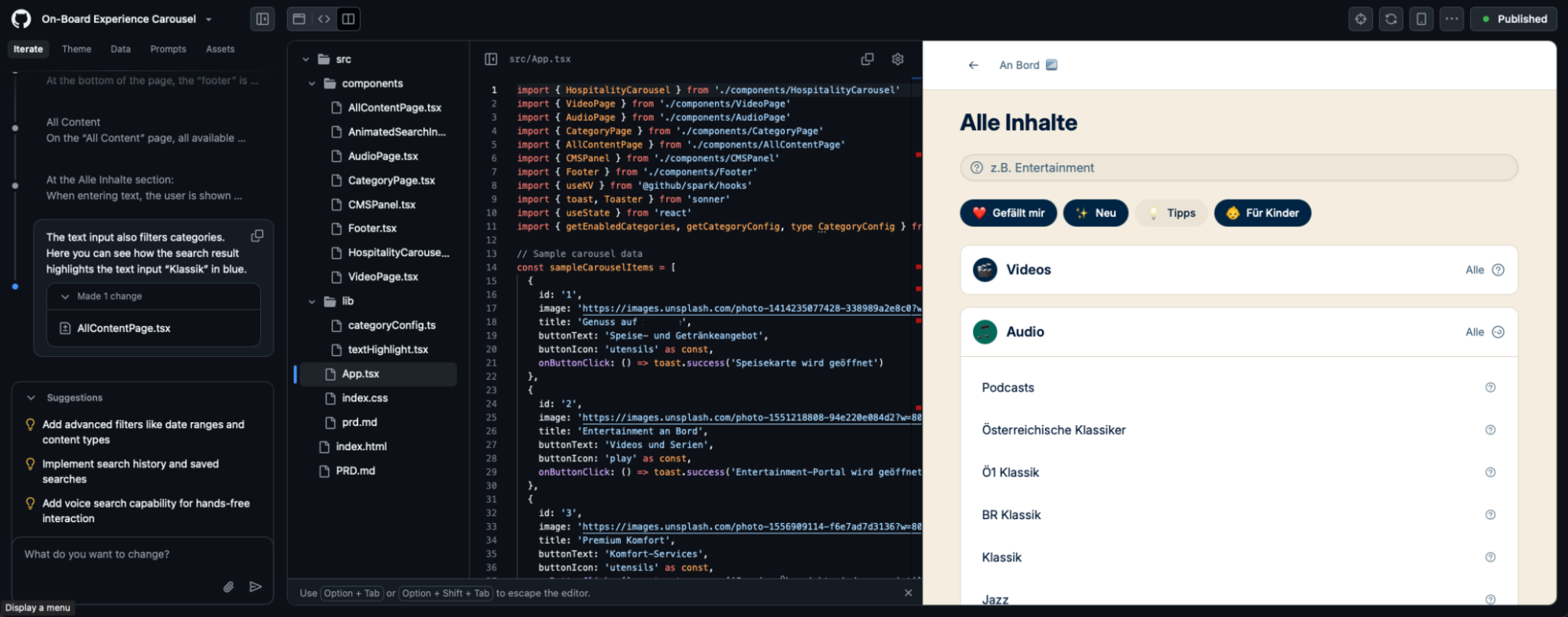 Screenshot von GitHub Spark zur Entwicklung einer App.