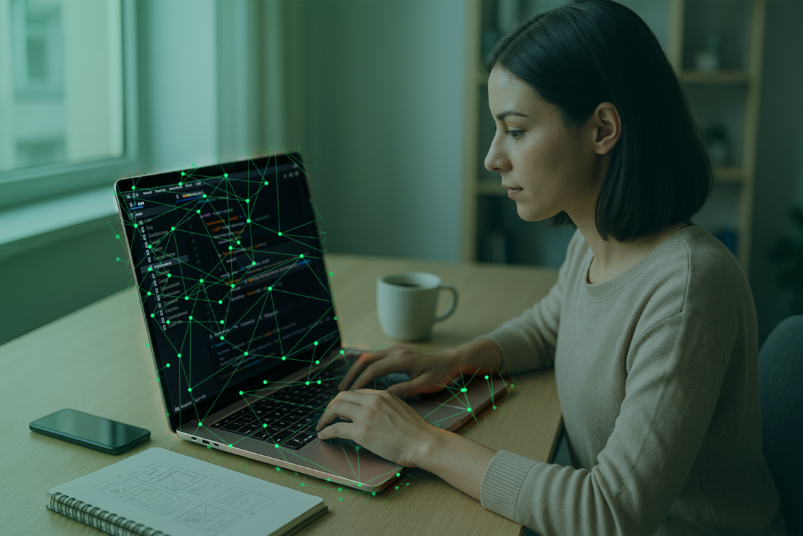 Eine Frau sitzt vor ihrem Laptop und programmiert einen App. Über dem Laptop liegt ein Netz aus neongrünen Punkten und Linien.