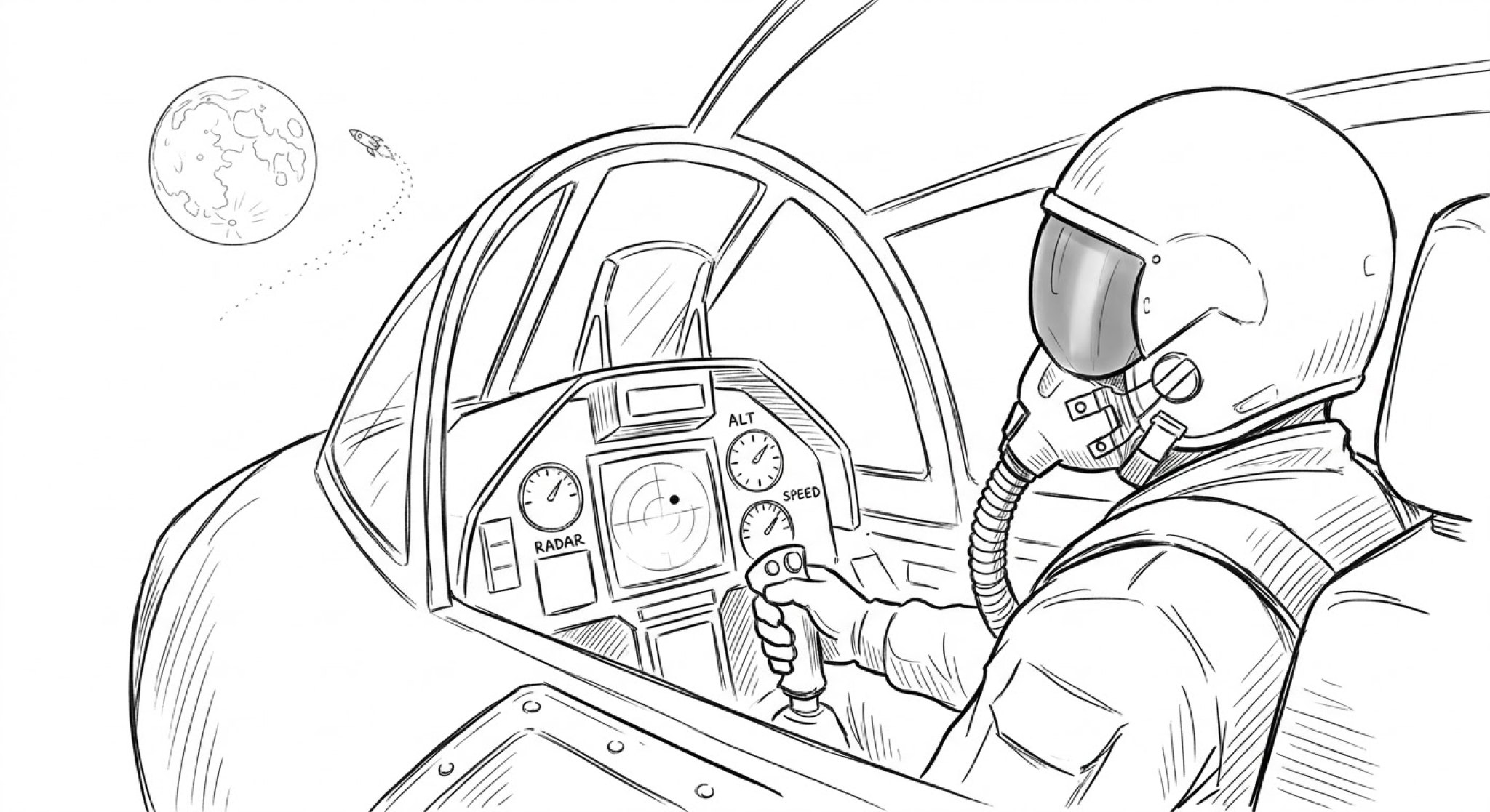 Person in Raumschiff-Cockpit steuert den Joystick; Instrumente zeigen ALT, RADAR, SPEED; Mond im Weltraum sichtbar.