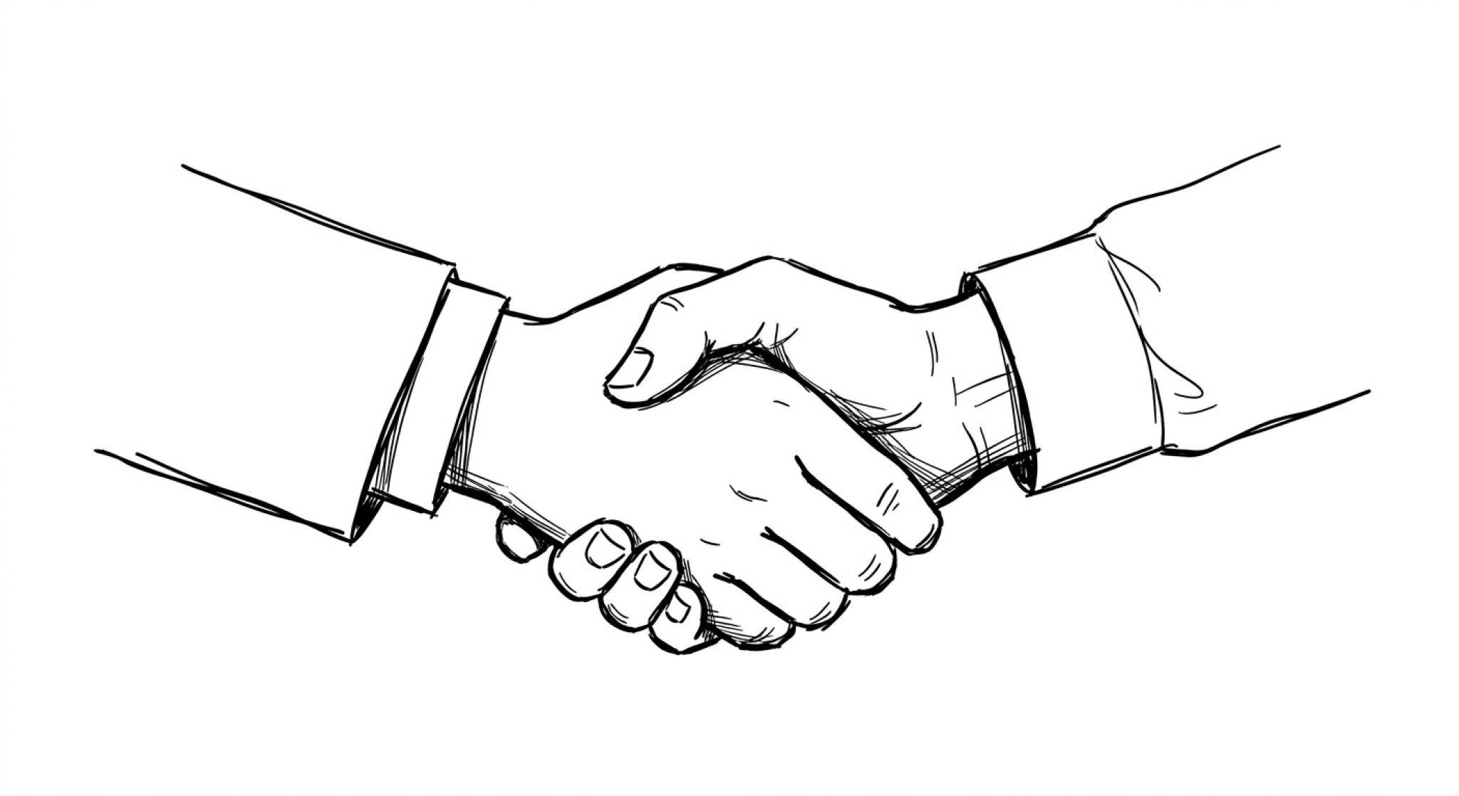 Schwarz-Weiß-Skizze zweier Hände beim Handschlag, Hemdenärmel sichtbar.