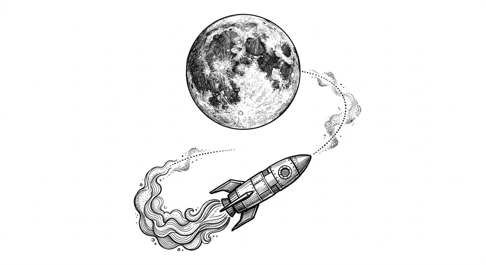 Schwarzweiß-Skizze einer Rakete mit geschwungenem Rauchschweif, die zum großen Mond am Himmel aufsteuert.