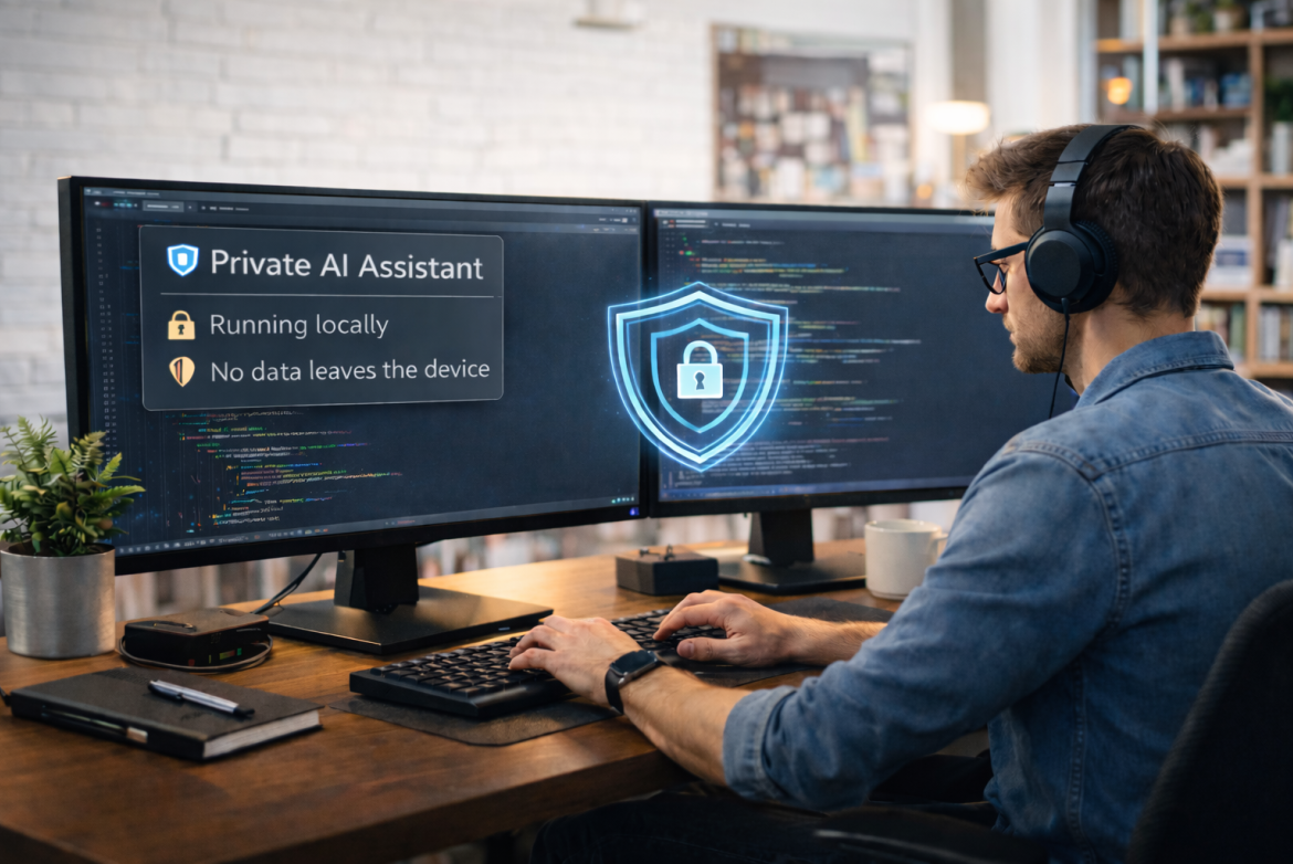 Person mit Kopfhörern arbeitet an zwei Monitoren mit Code; rechts erscheint ein leuchtendes Schild-Symbol und der Text 'Private AI Assistant'.