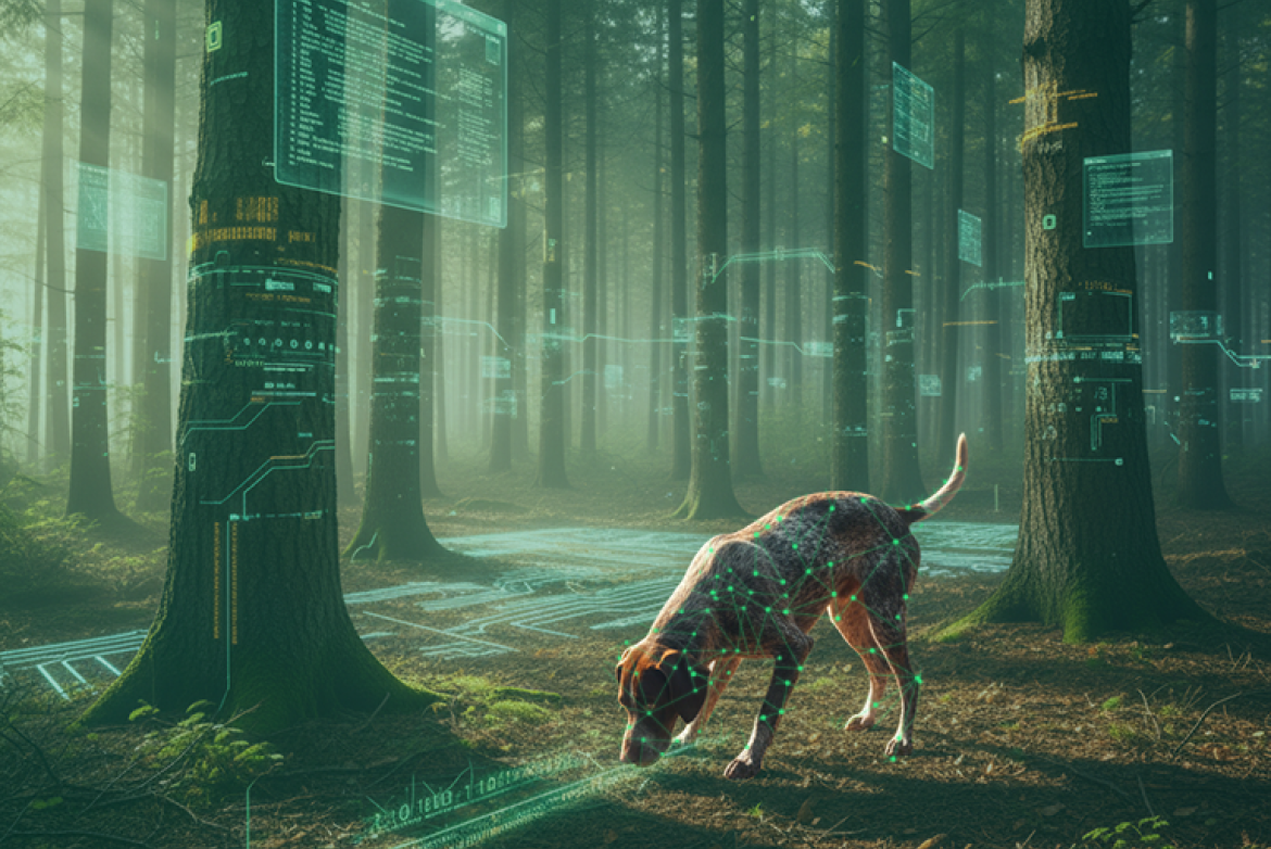 Ein metaphorisches Bild, welches einen Spürhund in einem digitalen Wald zeigt. Dieses Bild steht für KI als Spürhund bei der Migration von Altsystemen.
