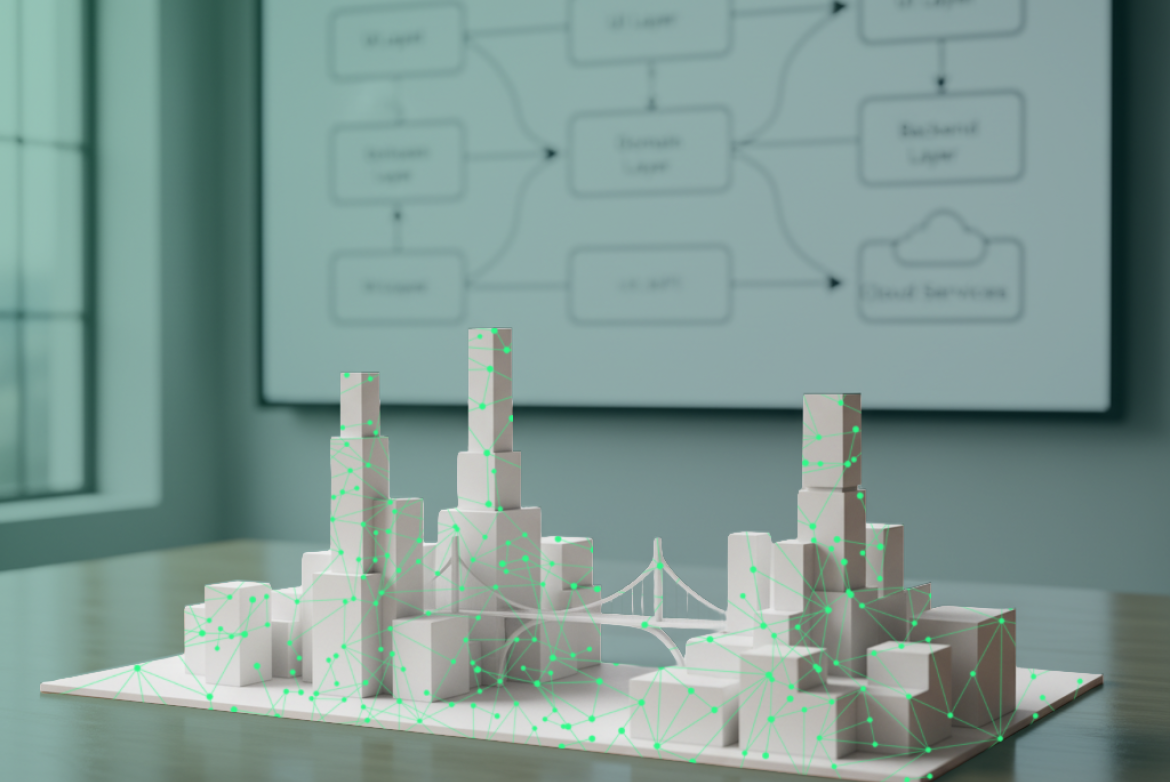 Zu sehen ist eine stilisierte Stadt als Modell, die für die Softwarearchitektur steht, welches sich auf einem Holztisch in einem Büro befindet. Überlagert ist das Bild mit einem neongrünen Mesh, welches KI symbolisiert.