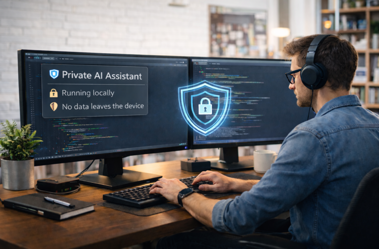 Person mit Kopfhörern arbeitet an zwei Monitoren mit Code; rechts erscheint ein leuchtendes Schild-Symbol und der Text 'Private AI Assistant'.