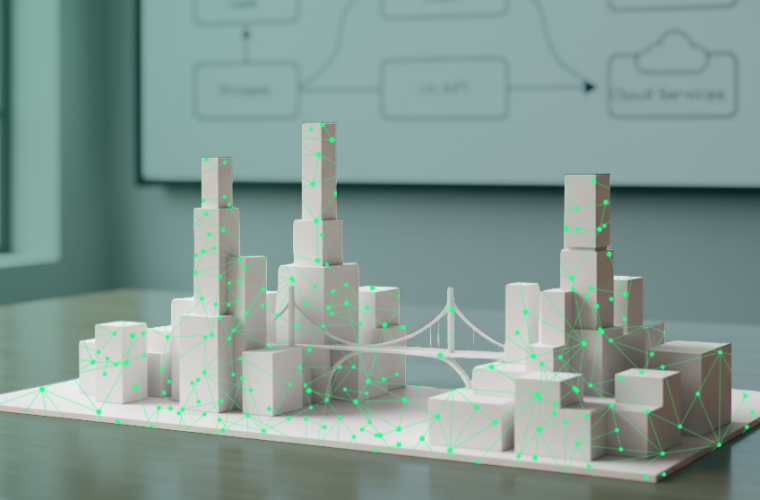 Zu sehen ist eine stilisierte Stadt als Modell, die für die Softwarearchitektur steht, welches sich auf einem Holztisch in einem Büro befindet. Überlagert ist das Bild mit einem neongrünen Mesh, welches KI symbolisiert.