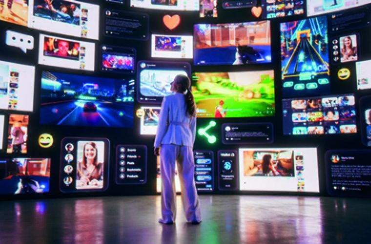 Eine Person steht in einem Raum, umgeben von zahlreichen großen Bildschirmen, die verschiedene digitale Inhalte und soziale Medien anzeigen. Die Bildschirme zeigen Videos, Spiele, Chats und Emojis. Die Szene vermittelt ein Gefühl von digitaler Vernetzung und Interaktivität.