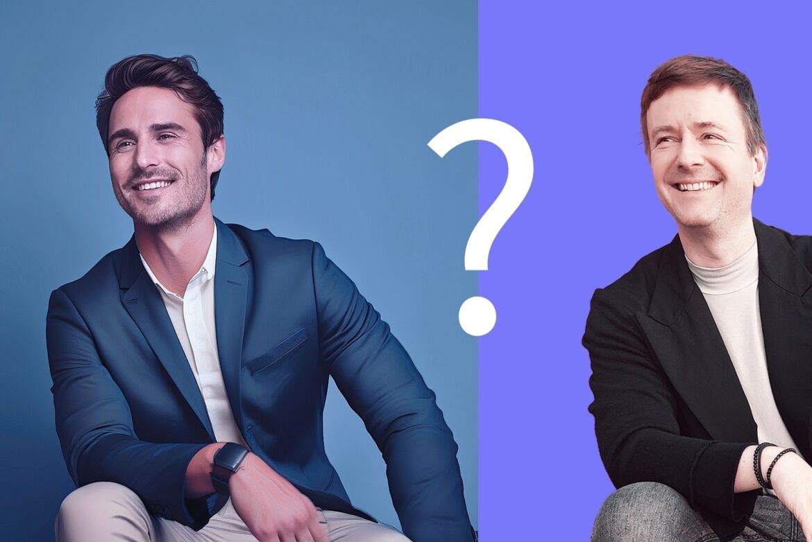 Marc Riedinger vor lila Hintergrund, neben ihm ein KI-Coach vor blauem Hintergrund