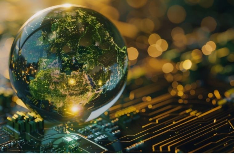 Ein digitaler Globus schwebt über einer Leiterplatte, die die Verbindung zwischen Technologie und globaler Vernetzung symbolisiert. Die Erdoberfläche ist mit leuchtenden, grünen Punkten dargestellt, die Städte und Verbindungen darstellen. Der Hintergrund ist unscharf, mit einem Fokus auf den hellen, leuchtenden Details des Globus und der darunter liegenden Schaltkreise.