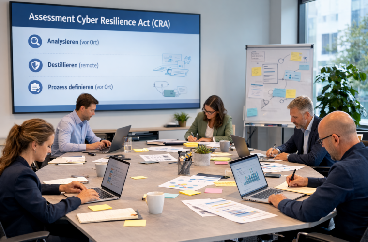 Fünf Personen arbeiten in einem Konferenzraum an Laptops, Notizen und Post-its; ein großes Display zeigt das Thema 'Assessment Cyber Resilience Act (CRA)'.