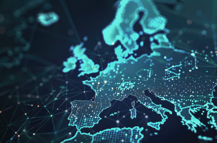 Eine Karte von Europa mit einem darübergespannten, stilisierten Netzwerk.