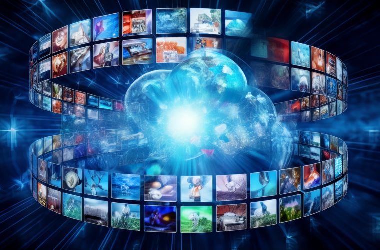 Bildausschnitte von Filmen fliegen um eine stilisierte Wolke.