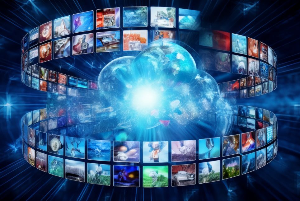 Bildausschnitte von Filmen fliegen um eine stilisierte Wolke.