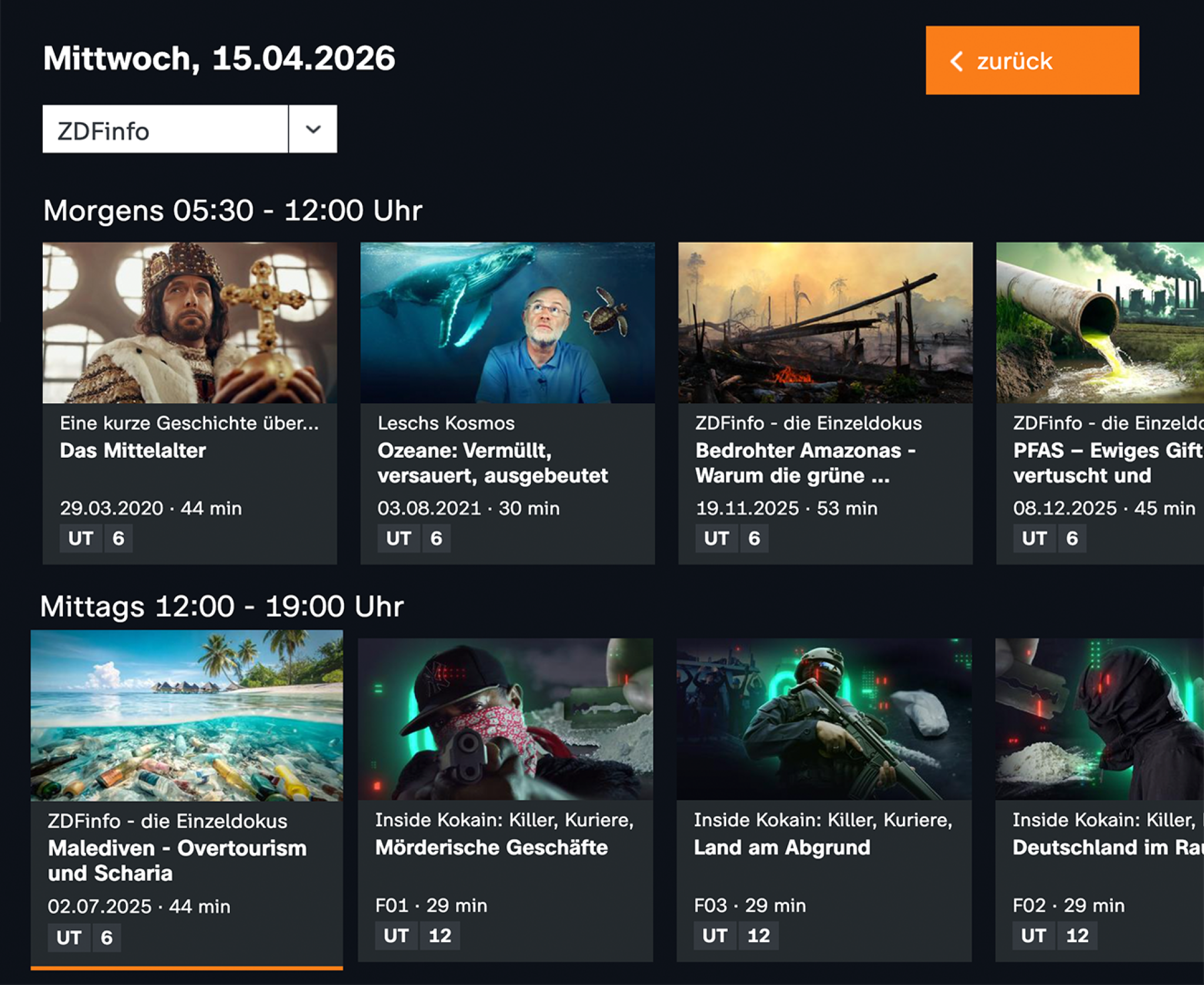 ZDFInfo-Programmübersicht: Mittwoch, 15.04.2026, Morgens/Mittags-Blocks mit Titeln wie Das Mittelalter; orange Zurück-Schaltfläche.