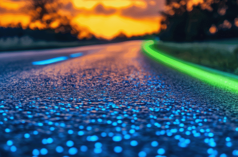 Eine Straße in der Dämmerung mit leuchtenden Markierungen. Die Oberfläche ist mit glühenden blauen Punkten übersät, und eine helle grüne Linie verläuft entlang des Randes, was einen futuristischen und lebendigen Eindruck erzeugt. Im Hintergrund sind die Silhouetten von Bäumen vor einem lebhaften orange- und gelbfarbenen Sonnenuntergangshimmel zu sehen.