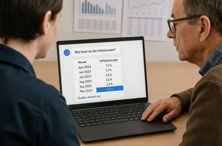 Zwei Personen sitzen vor einem Laptop auf dem Auszüge aus einer Datenbank abgebildet sind.
