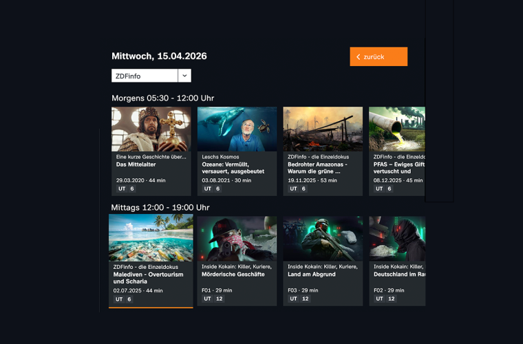 Dunkles TV-Programm-Layout mit Datum Mittwoch, 15.04.2026; Dropdown ZDFinfo und orange zurück; Karten zeigen Bilder, Titel und Zeiten.