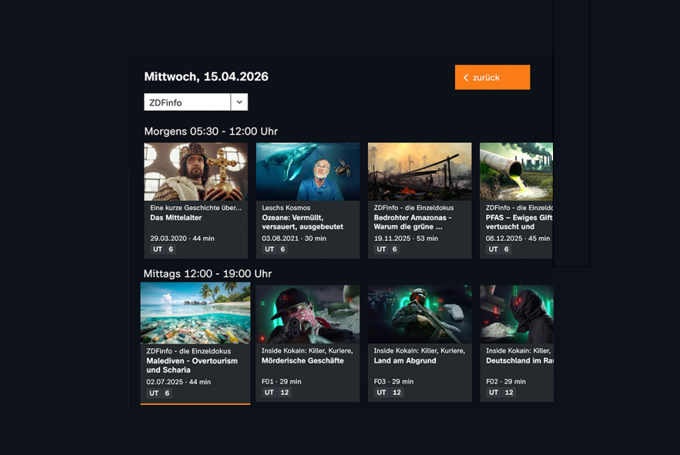Dunkles TV-Programm-Layout mit Datum Mittwoch, 15.04.2026; Dropdown ZDFinfo und orange zurück; Karten zeigen Bilder, Titel und Zeiten.