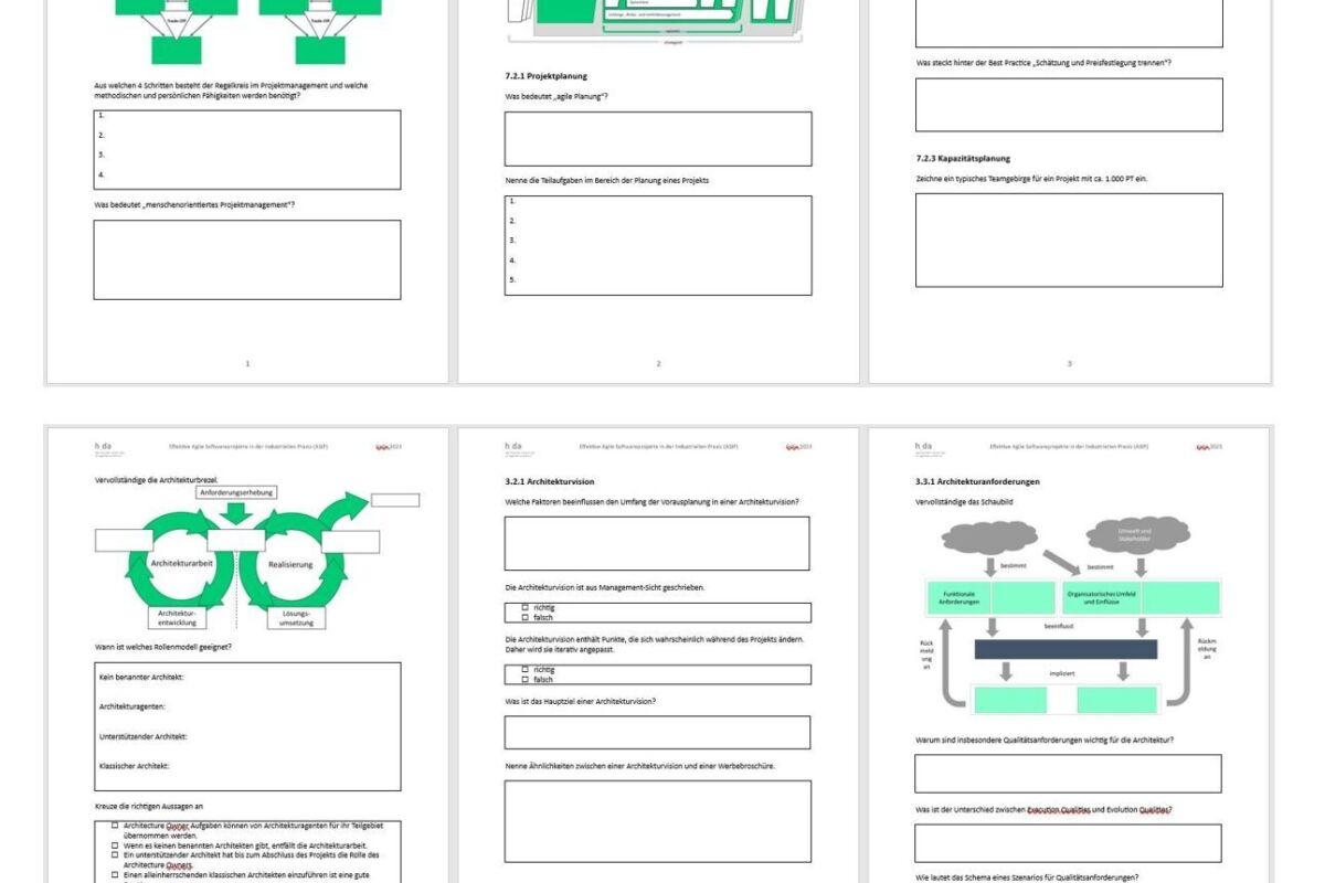 Mehrere Seiten eines Arbeitsblattes mit Diagrammen und Textfeldern zu Themen wie Projektmanagement und Architektur. Es gibt Abschnitte mit Fragen und leeren Feldern zum Ausfüllen von Antworten. Einige Diagramme sind grün hervorgehoben.